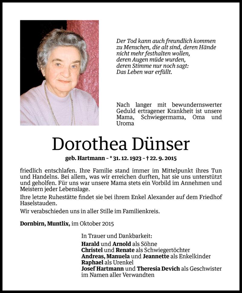  Todesanzeige für Dorothea Dünser vom 09.10.2015 aus Vorarlberger Nachrichten