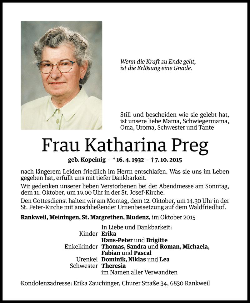  Todesanzeige für Katharina Preg vom 09.10.2015 aus Vorarlberger Nachrichten