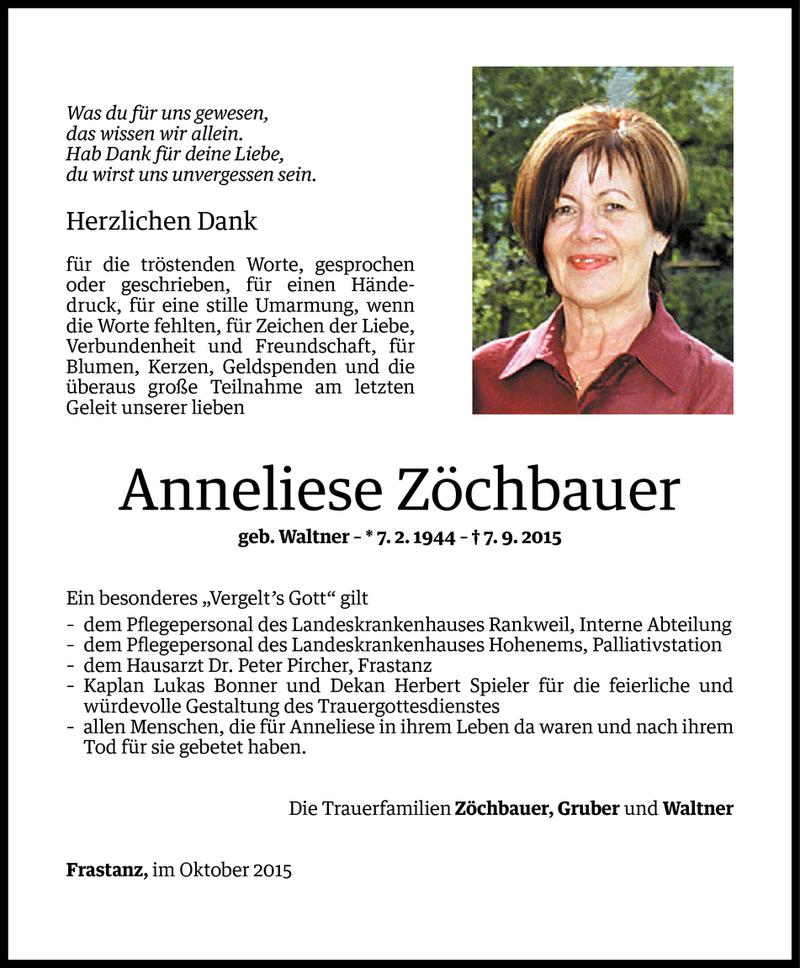  Todesanzeige für Anneliese Zöchbauer vom 11.10.2015 aus Vorarlberger Nachrichten