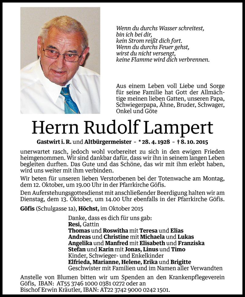  Todesanzeige für Rudolf Lampert vom 10.10.2015 aus Vorarlberger Nachrichten