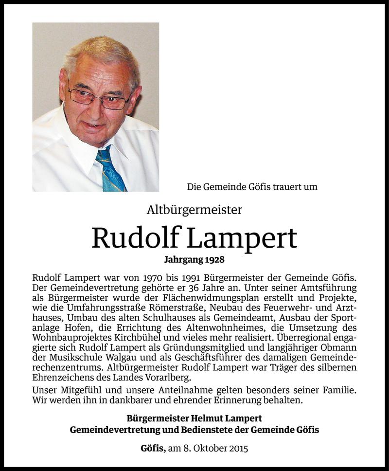  Todesanzeige für Rudolf Lampert vom 10.10.2015 aus Vorarlberger Nachrichten