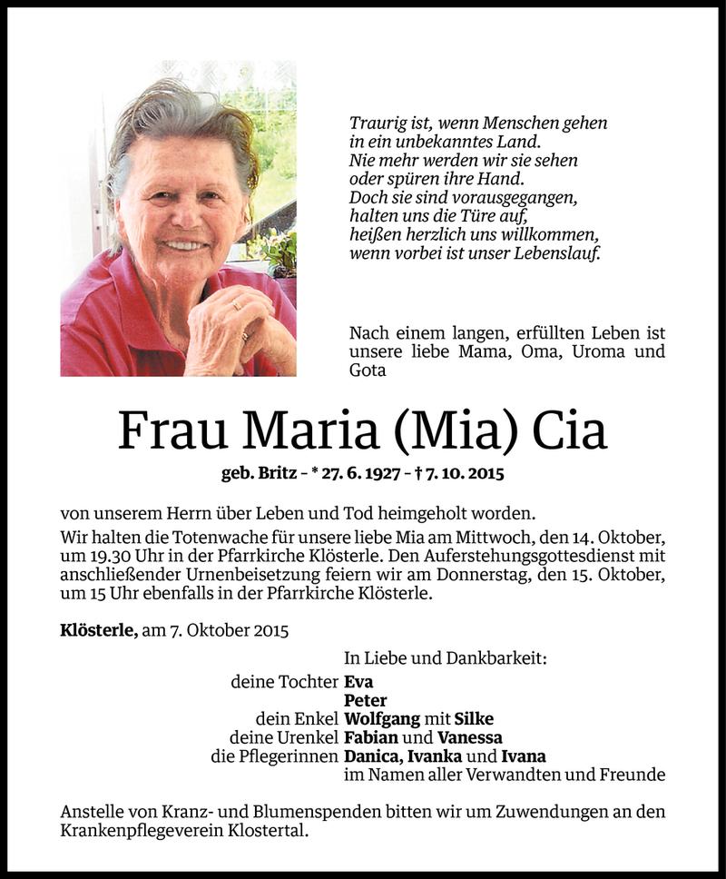  Todesanzeige für Maria Cia vom 09.10.2015 aus Vorarlberger Nachrichten