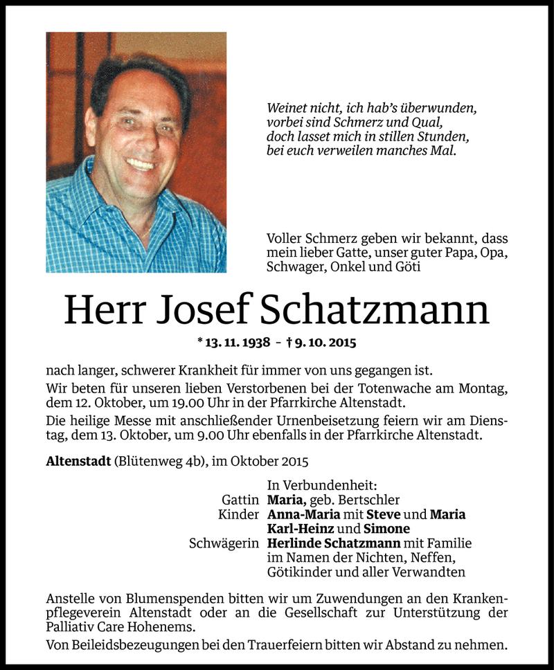  Todesanzeige für Josef Schatzmann vom 10.10.2015 aus Vorarlberger Nachrichten