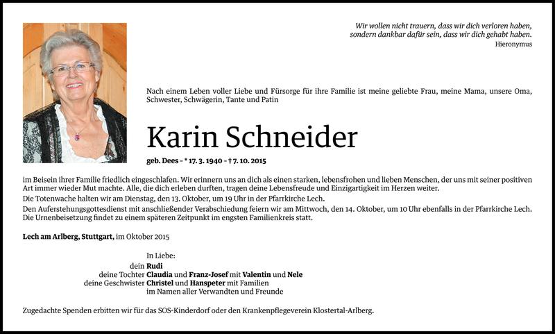  Todesanzeige für Karin Schneider­ vom 10.10.2015 aus Vorarlberger Nachrichten