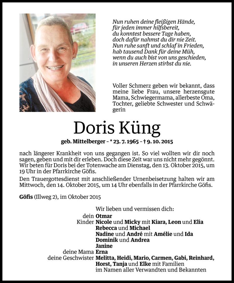  Todesanzeige für Doris Küng vom 09.10.2015 aus Vorarlberger Nachrichten