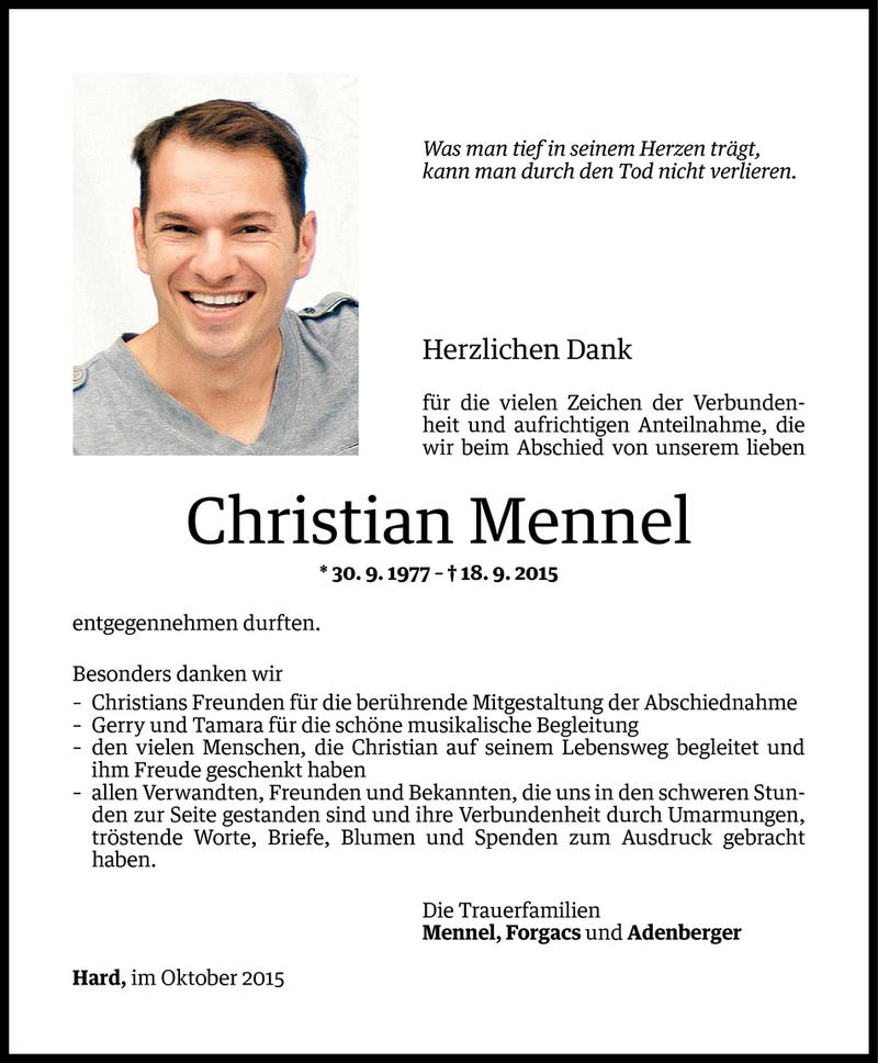  Todesanzeige für Christian Mennel­ vom 09.10.2015 aus Vorarlberger Nachrichten