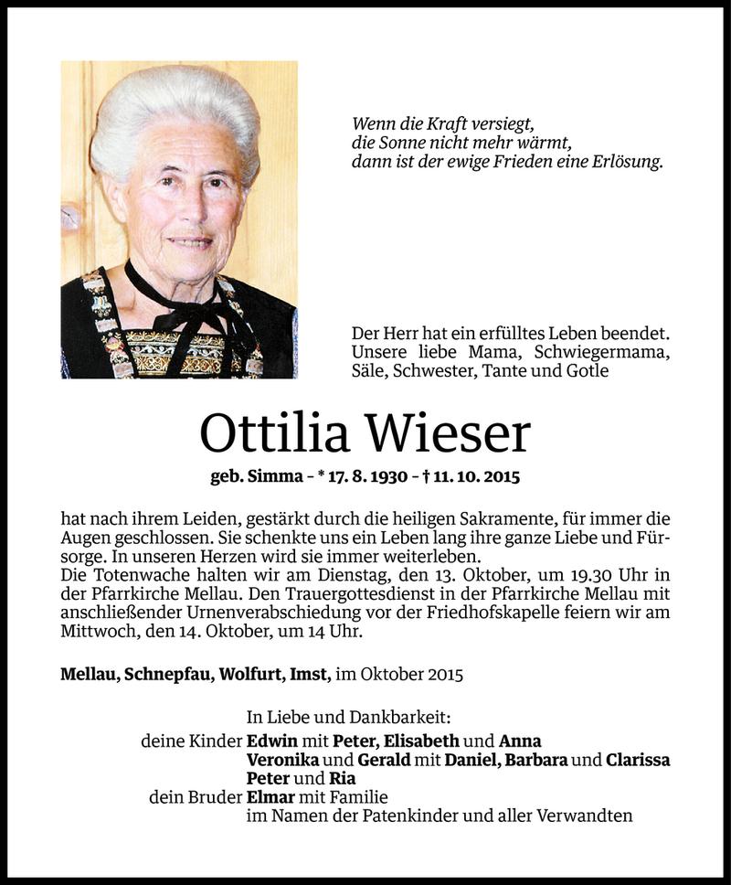  Todesanzeige für Ottilia Wieser vom 11.10.2015 aus Vorarlberger Nachrichten