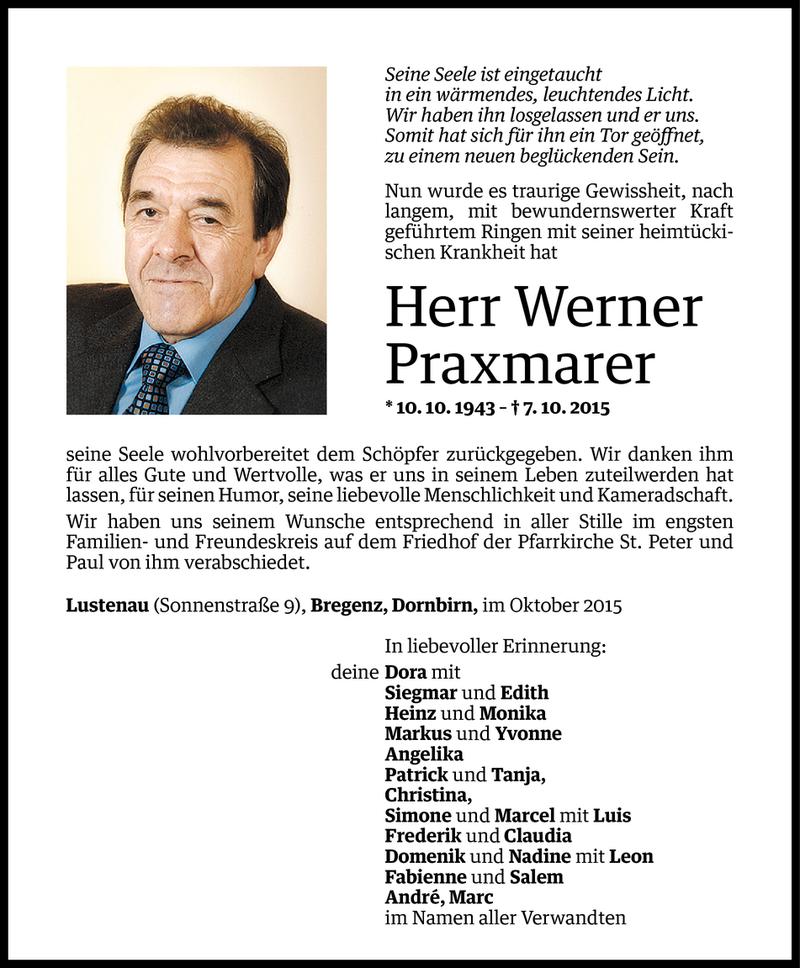  Todesanzeige für Werner Praxmarer vom 13.10.2015 aus Vorarlberger Nachrichten