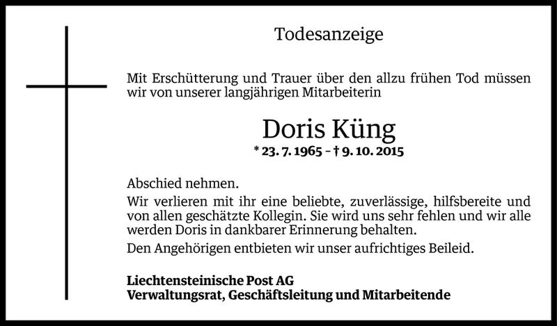  Todesanzeige für Doris Küng vom 12.10.2015 aus Vorarlberger Nachrichten