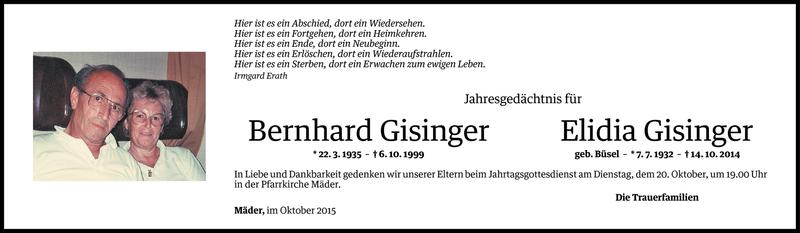  Todesanzeige für Bernhard u. Elidia Gisinger vom 14.10.2015 aus Vorarlberger Nachrichten