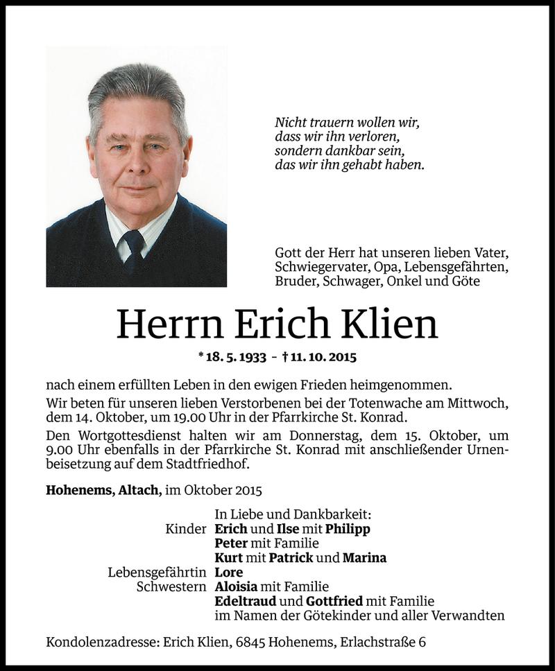  Todesanzeige für Erich Klien vom 13.10.2015 aus Vorarlberger Nachrichten