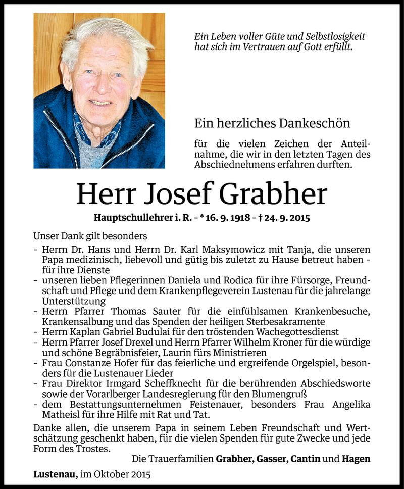  Todesanzeige für Josef Grabher vom 12.10.2015 aus Vorarlberger Nachrichten