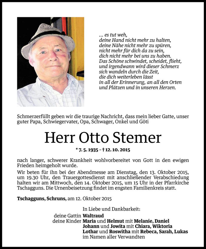  Todesanzeige für Otto Stemer vom 12.10.2015 aus Vorarlberger Nachrichten