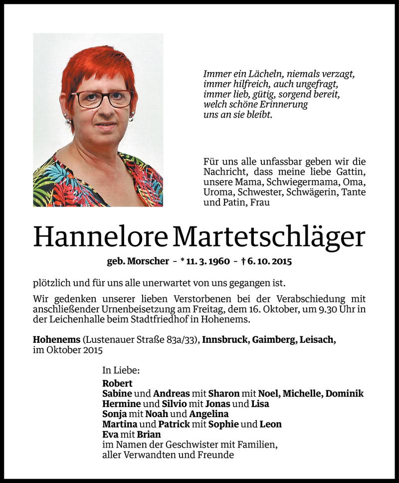  Todesanzeige für Hannelore Martetschläger vom 14.10.2015 aus Vorarlberger Nachrichten