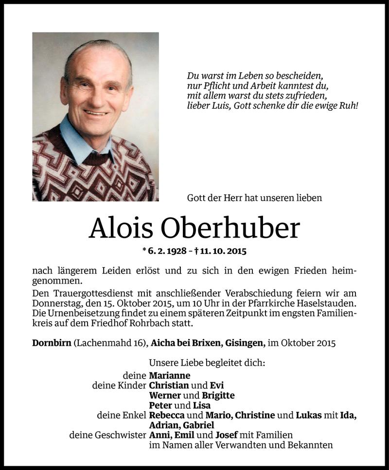  Todesanzeige für Alois Oberhuber vom 12.10.2015 aus Vorarlberger Nachrichten