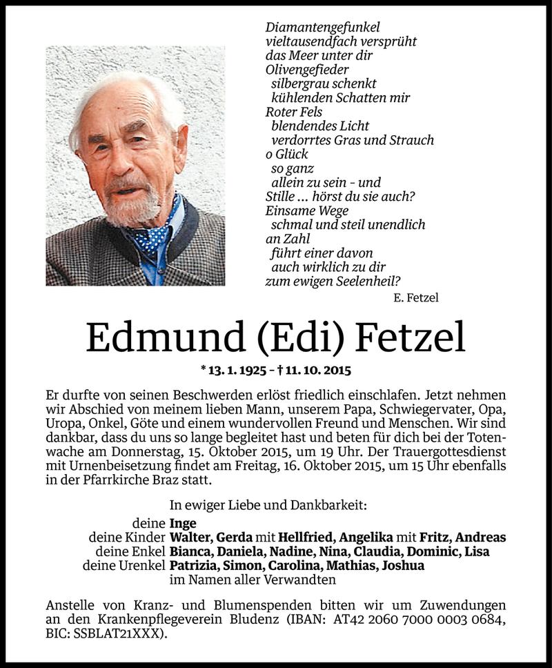  Todesanzeige für Edmund Fetzel vom 12.10.2015 aus Vorarlberger Nachrichten