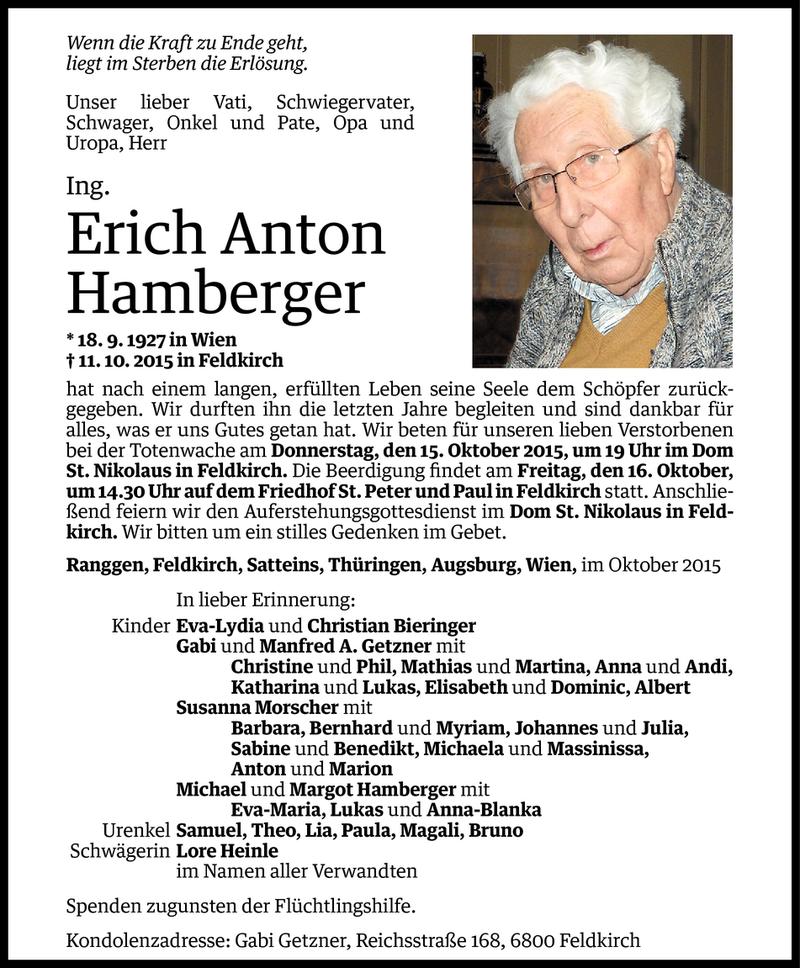  Todesanzeige für Erich Anton Hamberger vom 13.10.2015 aus Vorarlberger Nachrichten