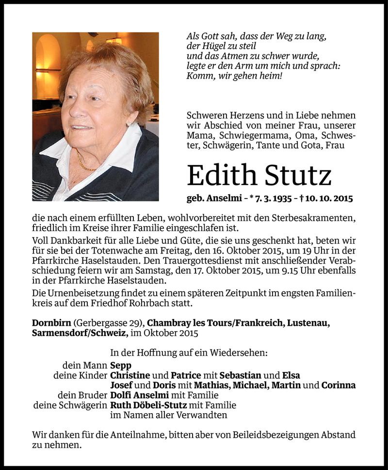  Todesanzeige für Edith Stutz vom 13.10.2015 aus Vorarlberger Nachrichten