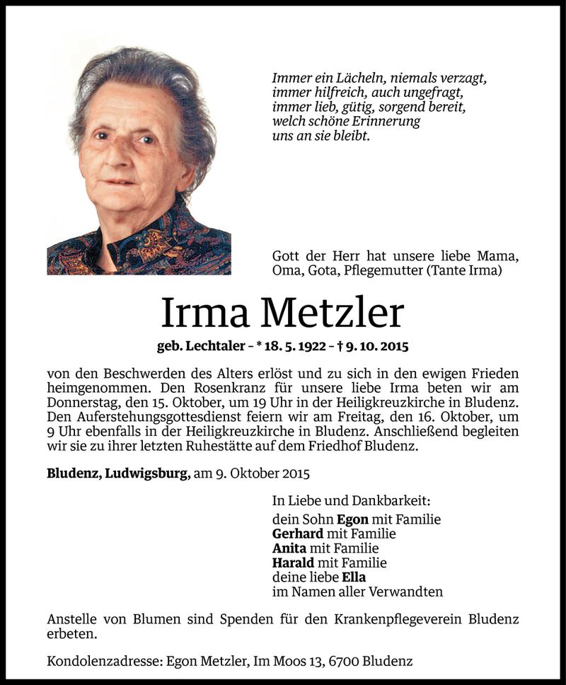  Todesanzeige für Irma Metzler vom 13.10.2015 aus Vorarlberger Nachrichten