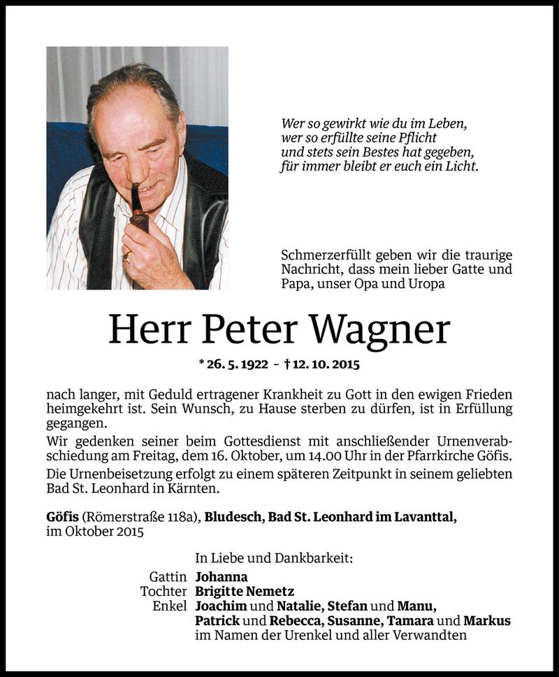  Todesanzeige für Peter Wagner vom 14.10.2015 aus Vorarlberger Nachrichten