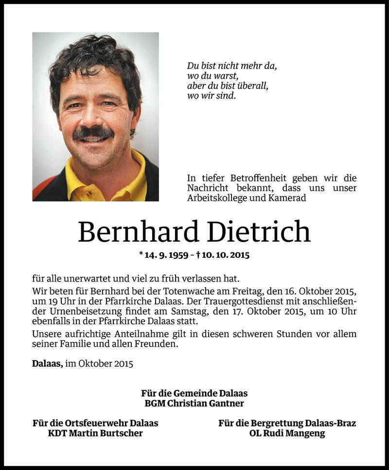  Todesanzeige für Bernhard Dietrich vom 13.10.2015 aus Vorarlberger Nachrichten