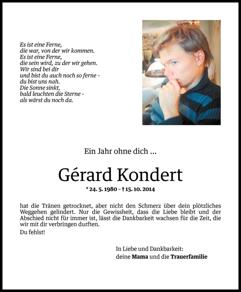  Todesanzeige für Gerard Kondert vom 14.10.2015 aus Vorarlberger Nachrichten