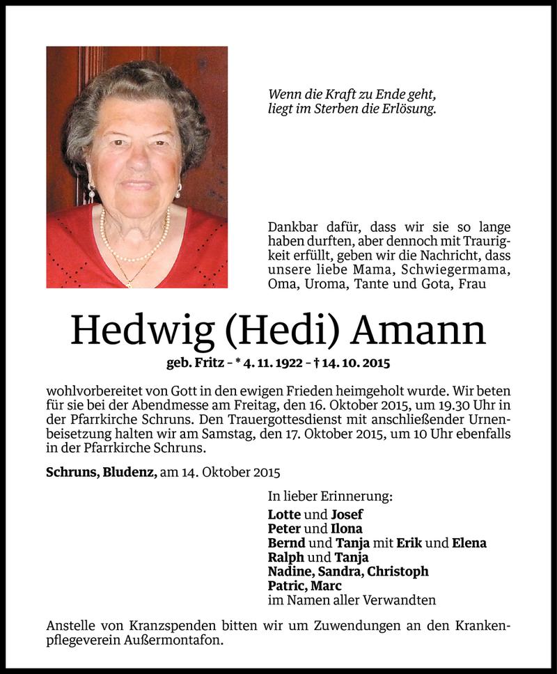  Todesanzeige für Hedwig Amann vom 14.10.2015 aus Vorarlberger Nachrichten