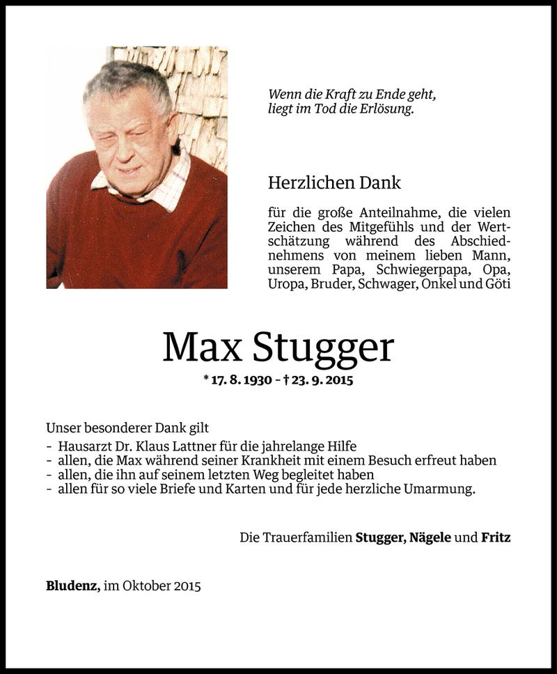  Todesanzeige für Max Stugger vom 16.10.2015 aus Vorarlberger Nachrichten