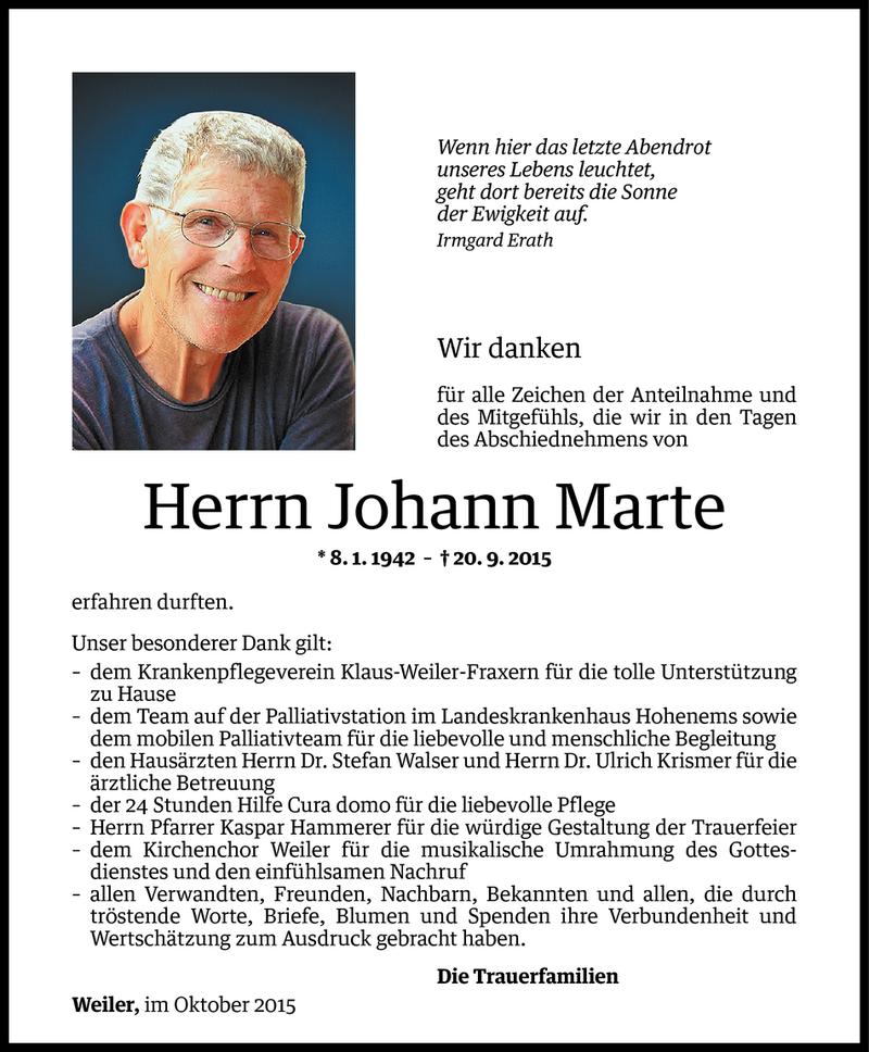  Todesanzeige für Johann Marte vom 17.10.2015 aus Vorarlberger Nachrichten