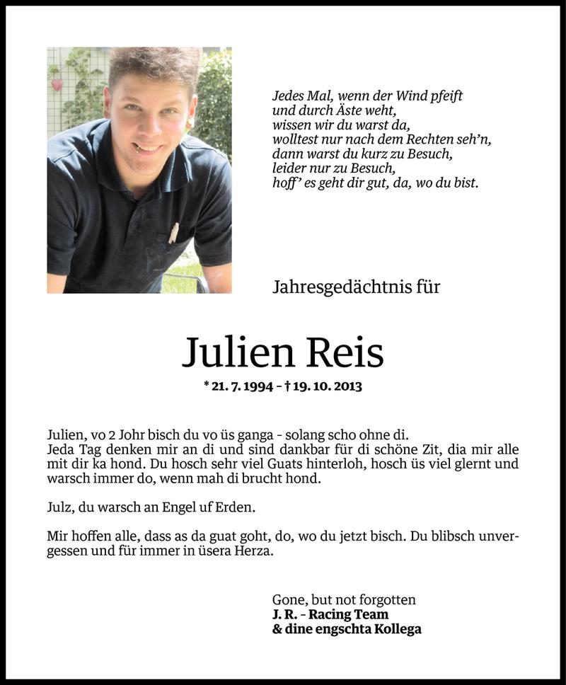  Todesanzeige für Julien Reis vom 18.10.2015 aus Vorarlberger Nachrichten