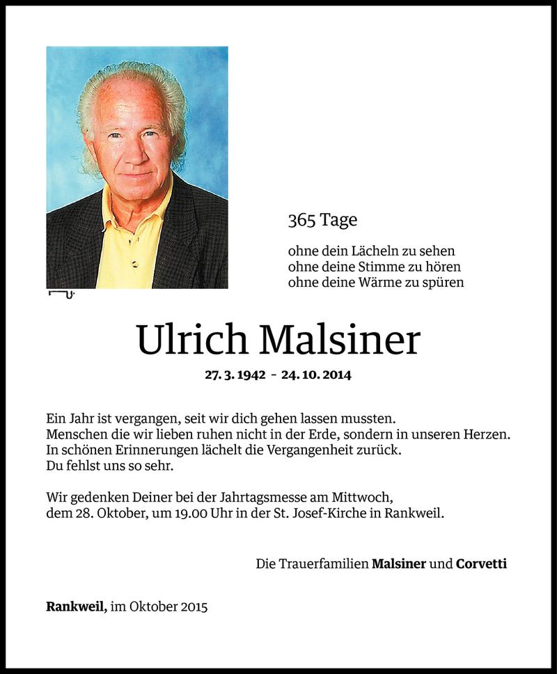  Todesanzeige für Ulrich Malsiner vom 24.10.2015 aus Vorarlberger Nachrichten