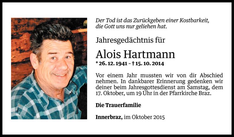  Todesanzeige für Alois Josef Hartmann vom 17.10.2015 aus Vorarlberger Nachrichten