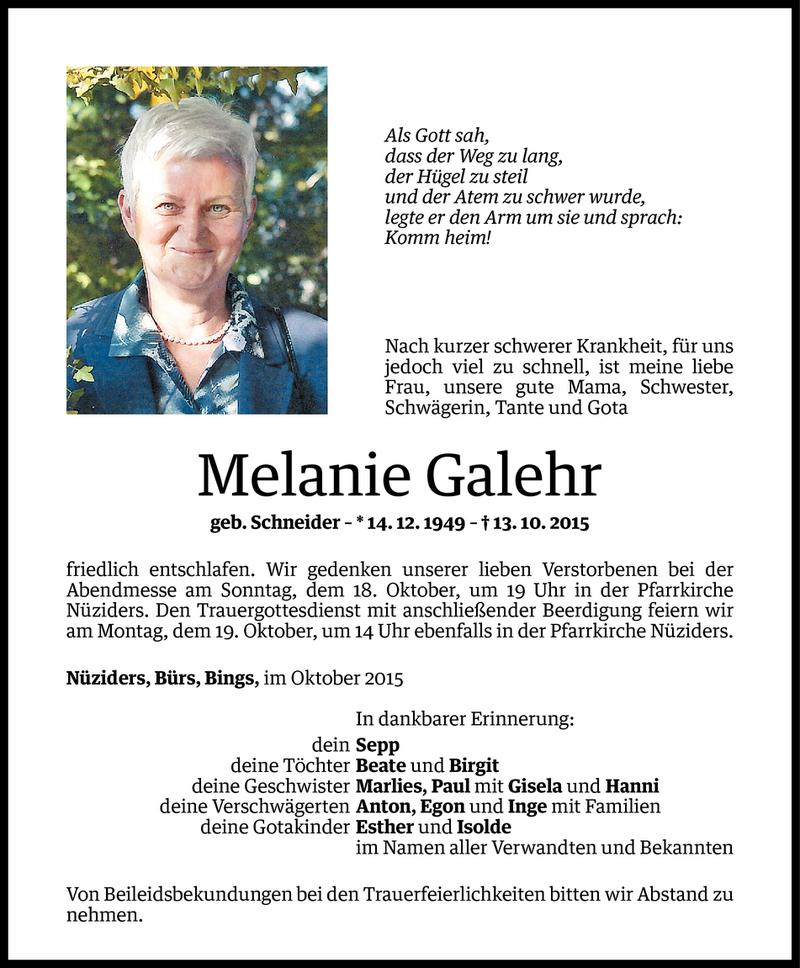  Todesanzeige für Melanie Galehr vom 17.10.2015 aus Vorarlberger Nachrichten