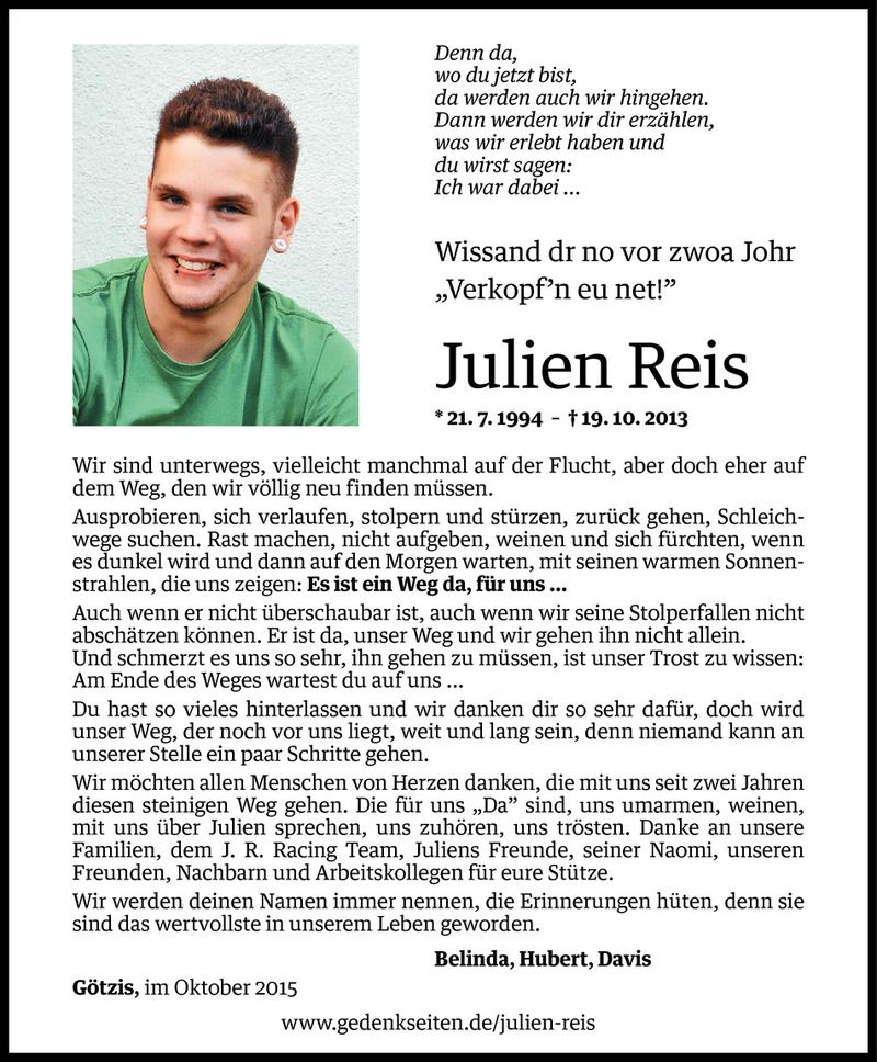  Todesanzeige für Julien Reis vom 19.10.2015 aus Vorarlberger Nachrichten