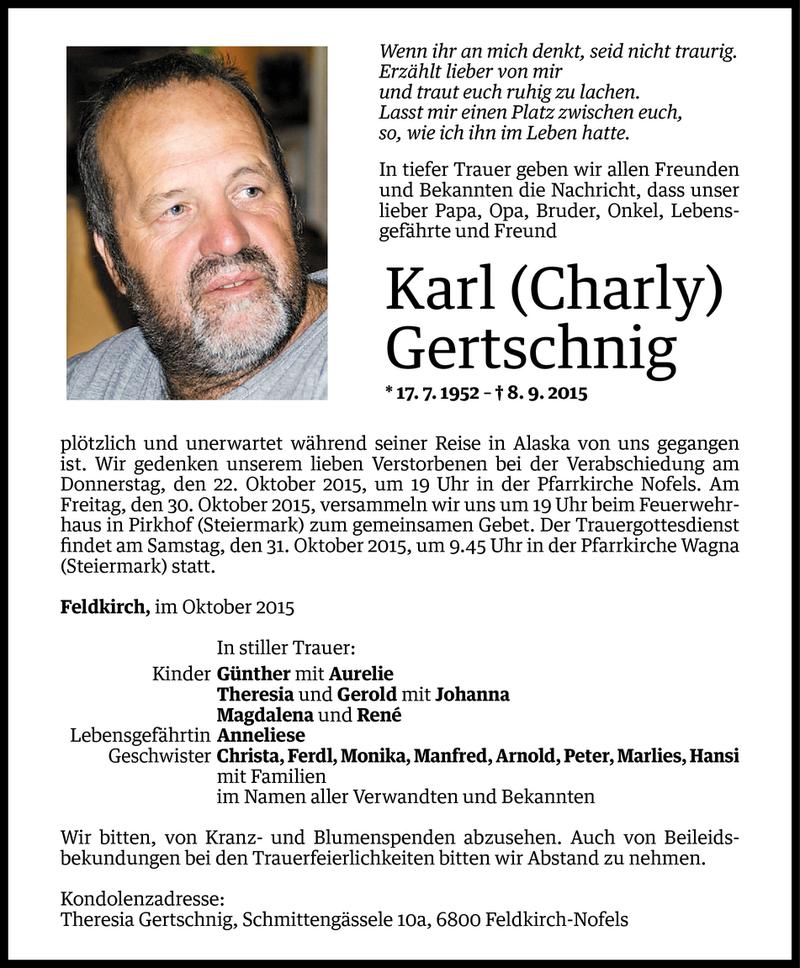  Todesanzeige für Karl Gertschnig vom 18.10.2015 aus Vorarlberger Nachrichten