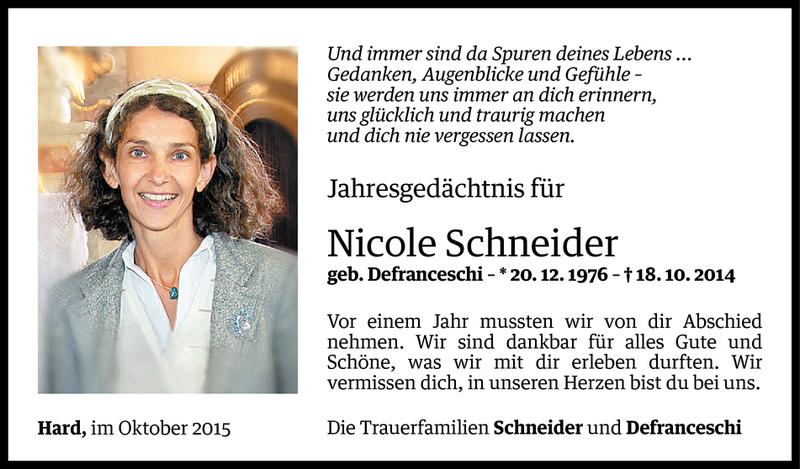  Todesanzeige für Nicole Schneider vom 16.10.2015 aus Vorarlberger Nachrichten