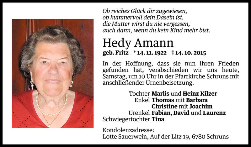  Todesanzeige für Hedwig Amann vom 16.10.2015 aus Vorarlberger Nachrichten