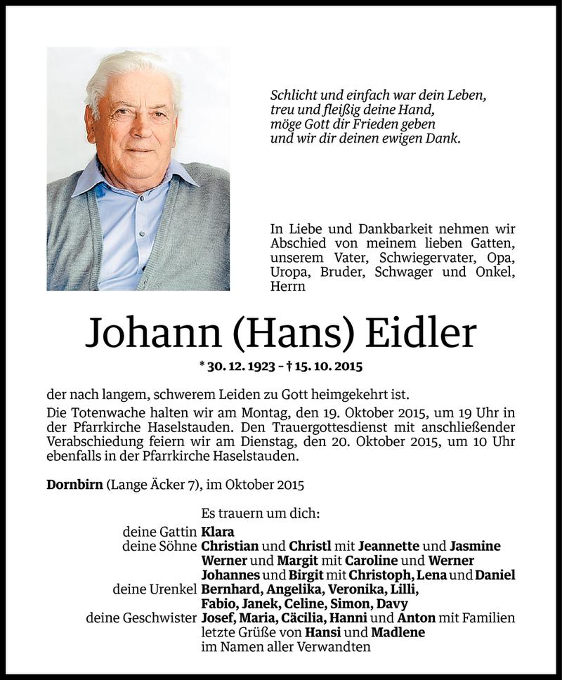  Todesanzeige für Johann Eidler vom 16.10.2015 aus Vorarlberger Nachrichten