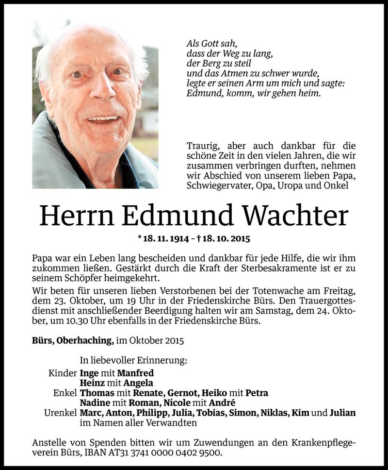  Todesanzeige für Edmund Wachter vom 19.10.2015 aus Vorarlberger Nachrichten