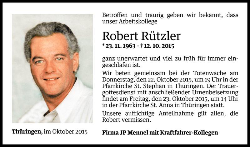  Todesanzeige für Robert Rützler vom 20.10.2015 aus Vorarlberger Nachrichten