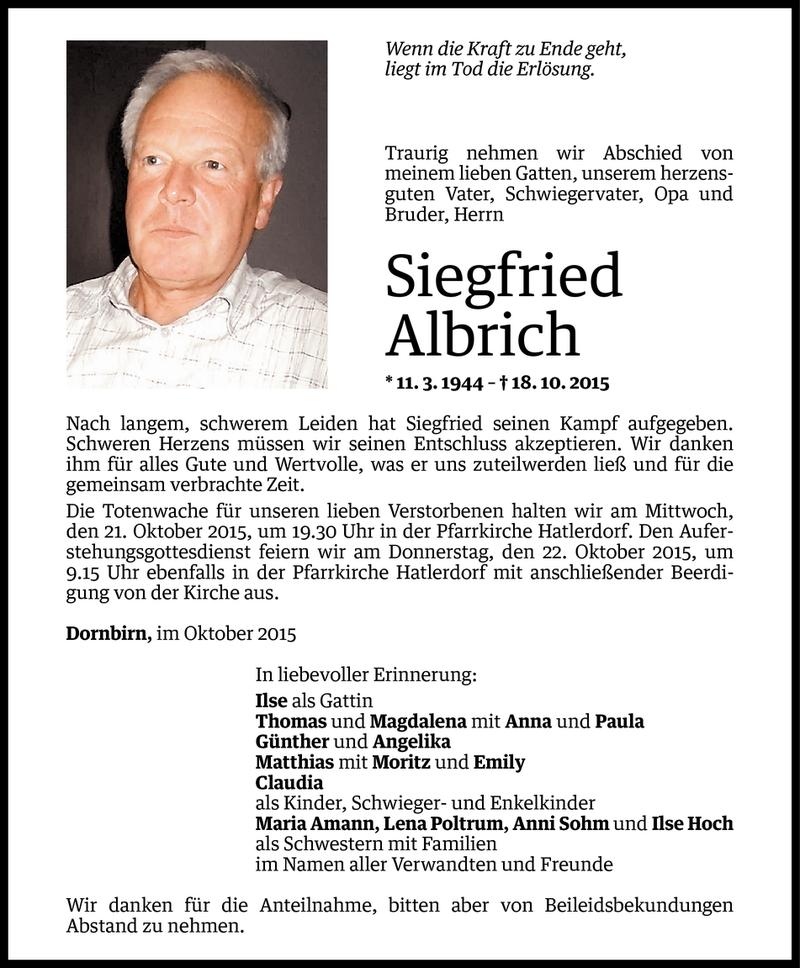  Todesanzeige für Siegfried Albrich vom 20.10.2015 aus Vorarlberger Nachrichten