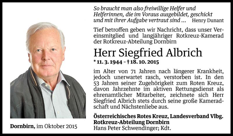  Todesanzeige für Siegfried Albrich vom 20.10.2015 aus Vorarlberger Nachrichten