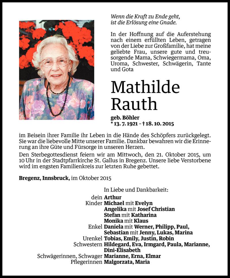  Todesanzeige für Mathilde Rauth vom 19.10.2015 aus Vorarlberger Nachrichten