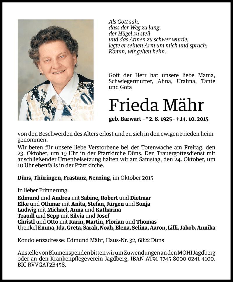  Todesanzeige für Frieda Mähr vom 20.10.2015 aus Vorarlberger Nachrichten