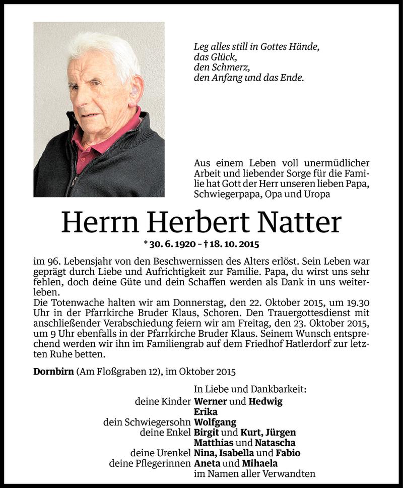  Todesanzeige für Herbert Natter vom 20.10.2015 aus Vorarlberger Nachrichten