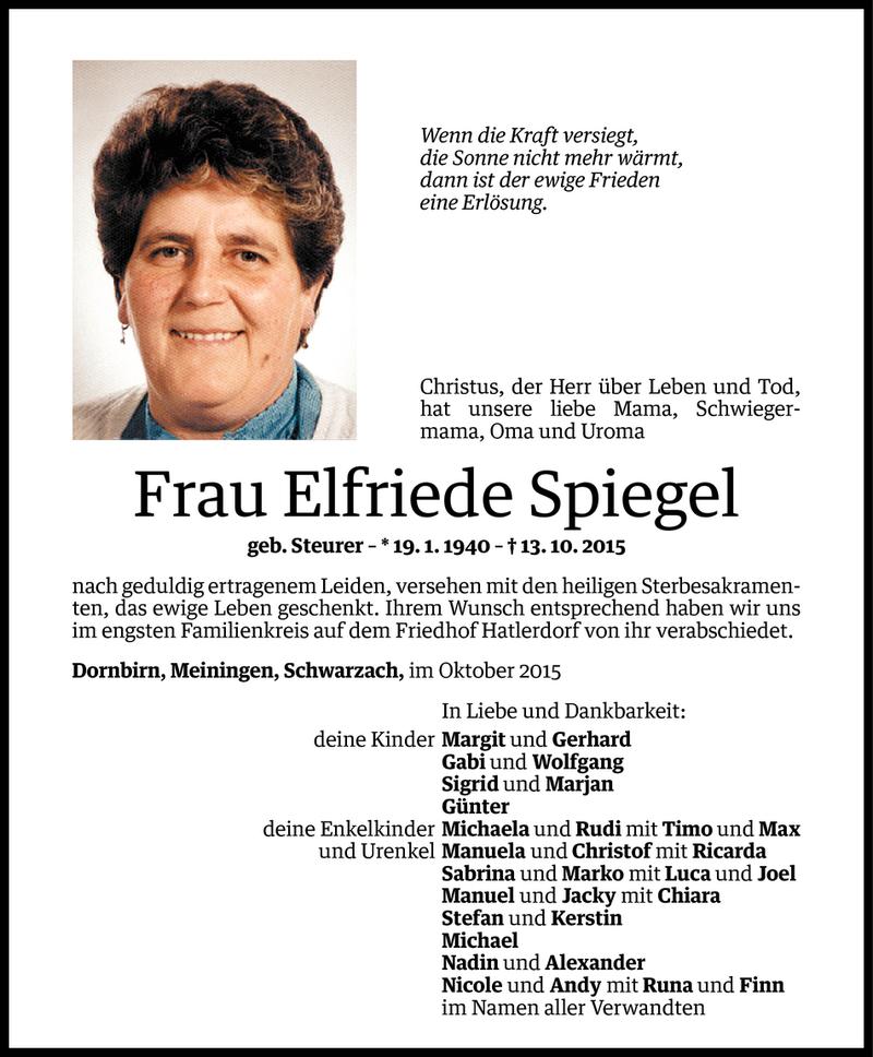  Todesanzeige für Elfriede Spiegel vom 21.10.2015 aus Vorarlberger Nachrichten