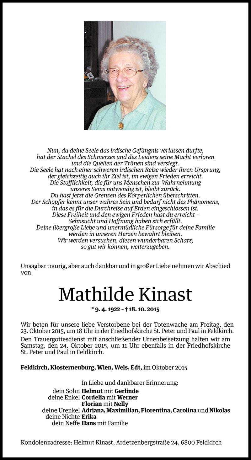  Todesanzeige für Mathilde Kinast vom 20.10.2015 aus Vorarlberger Nachrichten