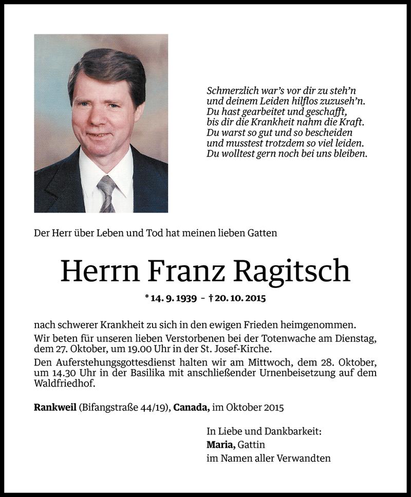  Todesanzeige für Franz Ragitsch vom 21.10.2015 aus Vorarlberger Nachrichten