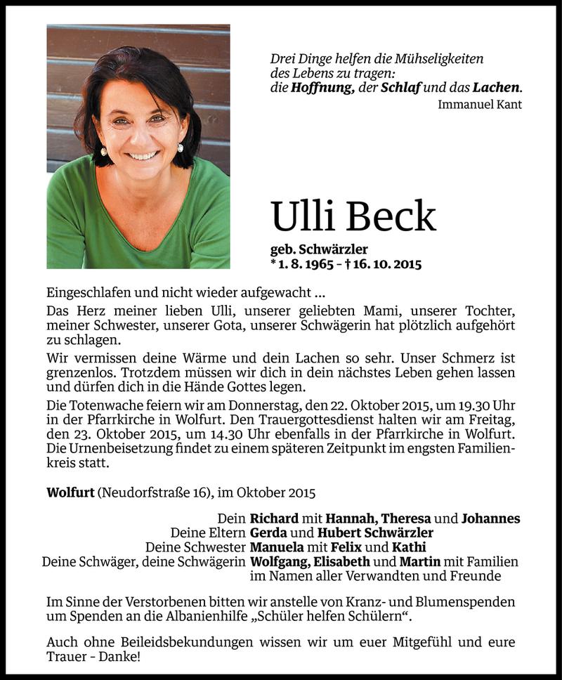  Todesanzeige für Ulli Beck vom 20.10.2015 aus Vorarlberger Nachrichten