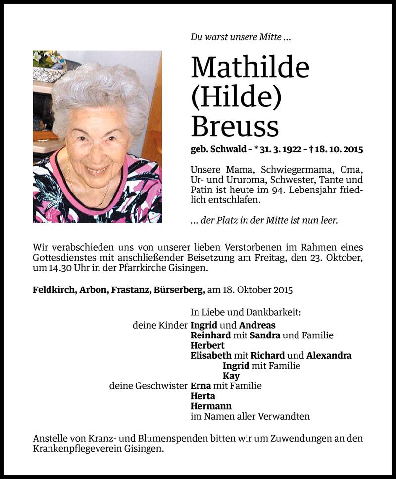  Todesanzeige für Mathilde Breuss vom 20.10.2015 aus Vorarlberger Nachrichten
